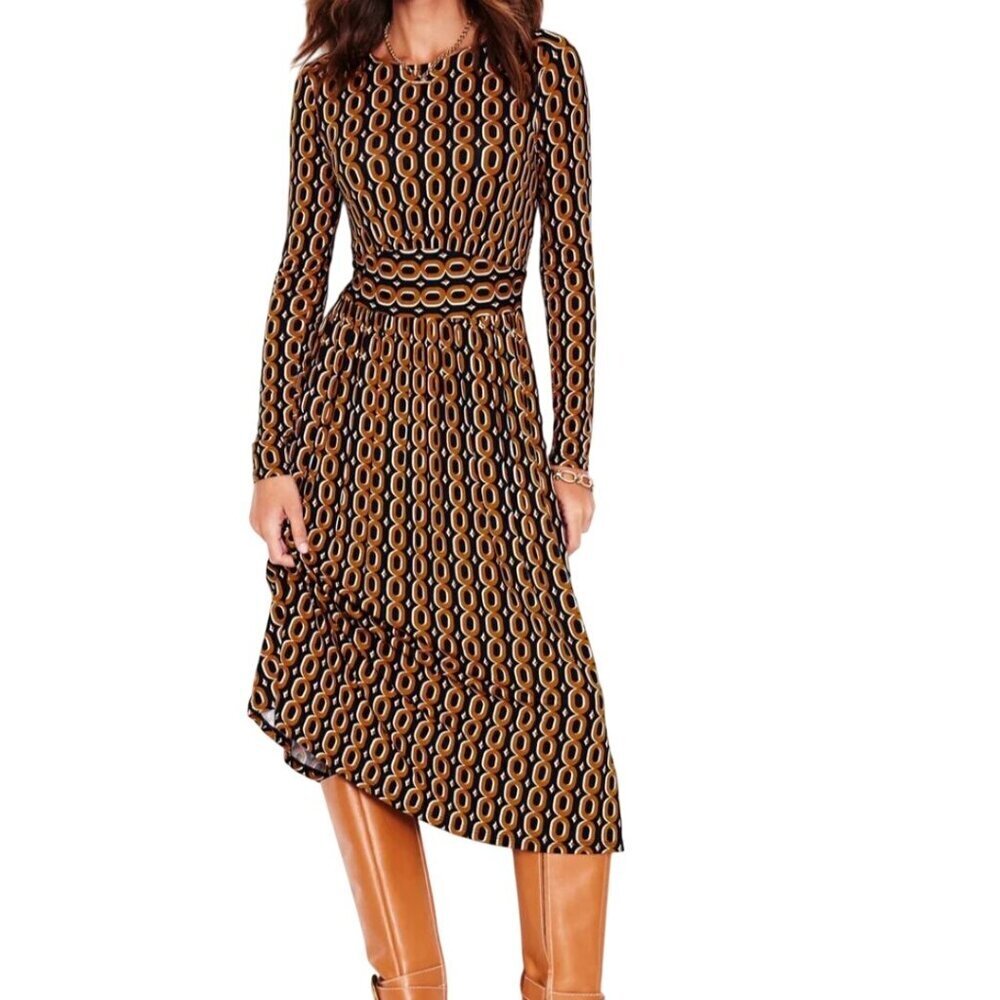 Boden NWT Thea Long Sleeve Jersey Dress Ochra Chain Midi Size 16-18R